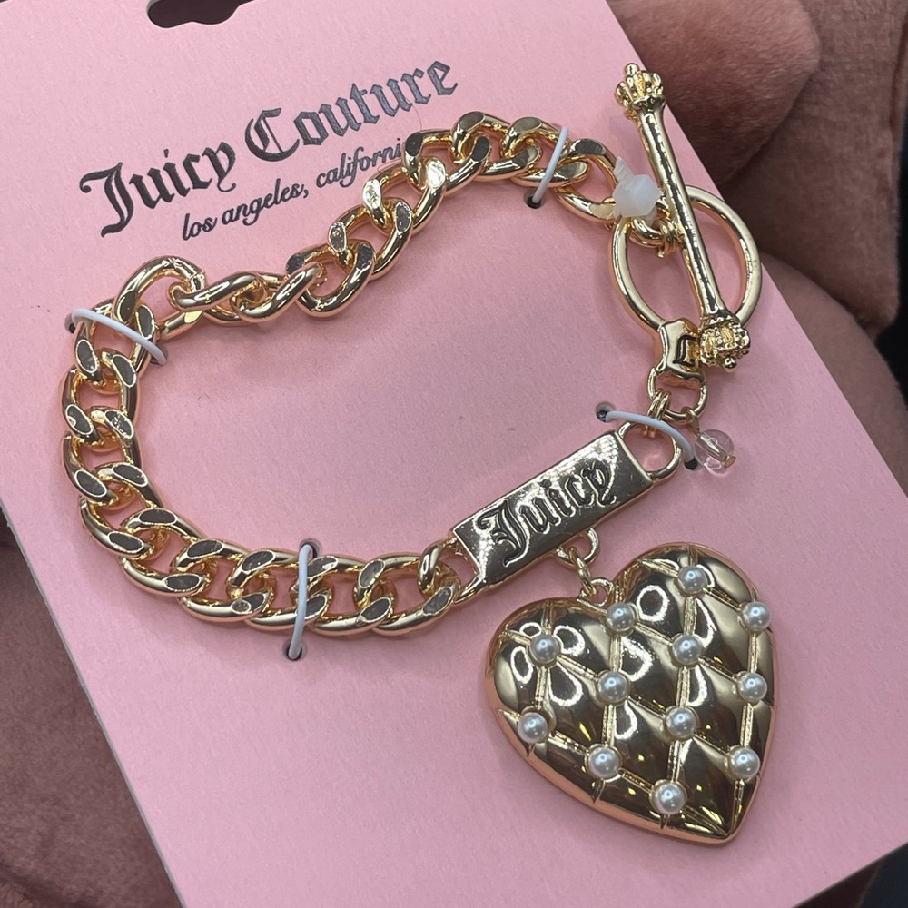 NWT Juicy Couture Bracelet, Large Quilted Heart, Goldtone & Faux Pearls